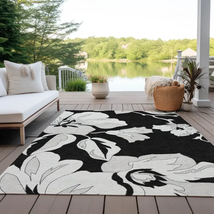 9' X 12' Black Gray And Silver Floral Washable Indoor Outdoor Area Rug