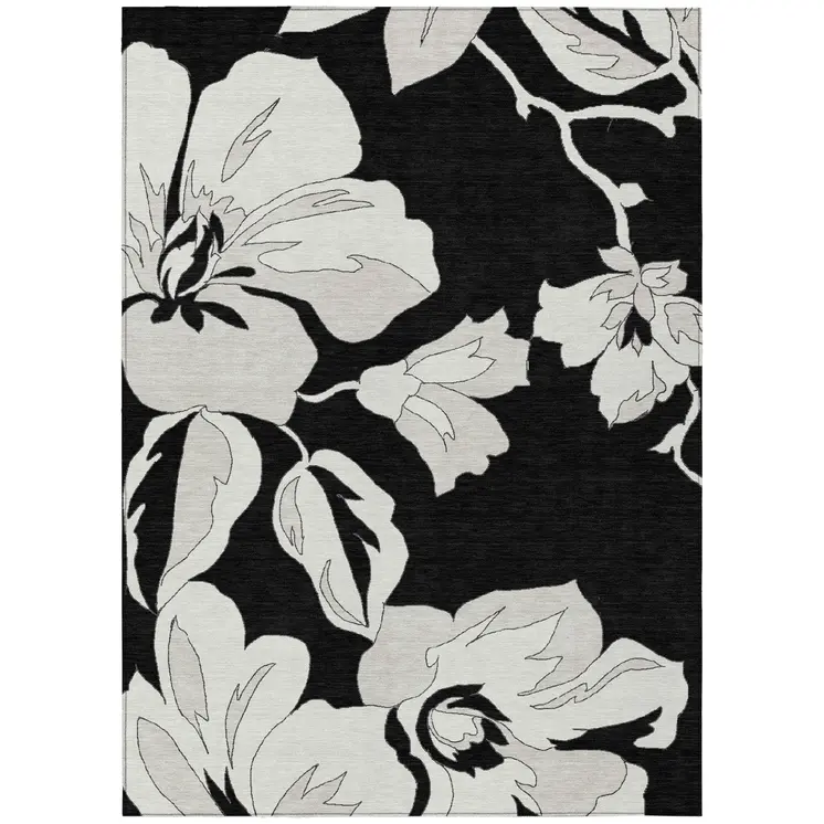 9' X 12' Black Gray And Silver Floral Washable Indoor Outdoor Area Rug