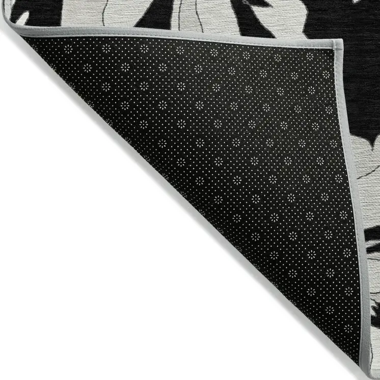 9' X 12' Black Gray And Silver Floral Washable Indoor Outdoor Area Rug