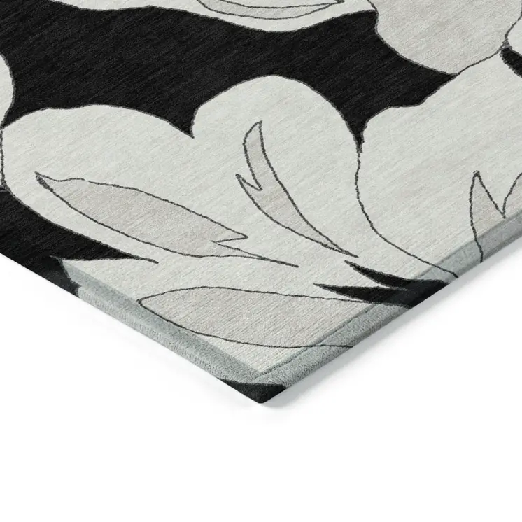 9' X 12' Black Gray And Silver Floral Washable Indoor Outdoor Area Rug