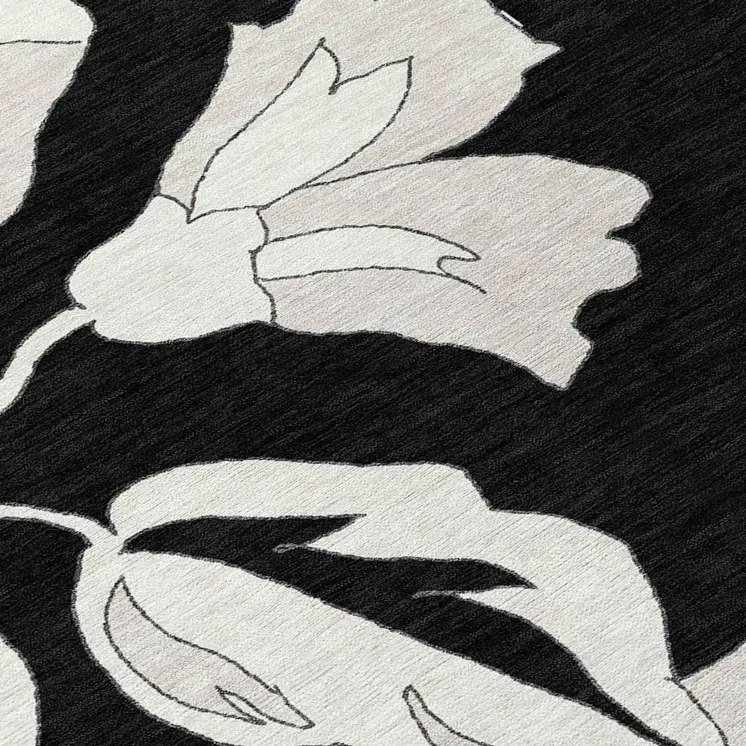 9' X 12' Black Gray And Silver Floral Washable Indoor Outdoor Area Rug