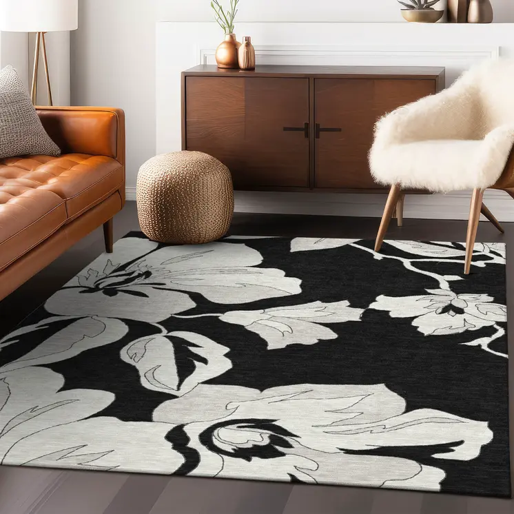 10' X 14' Black Gray And Silver Floral Washable Indoor Outdoor Area Rug