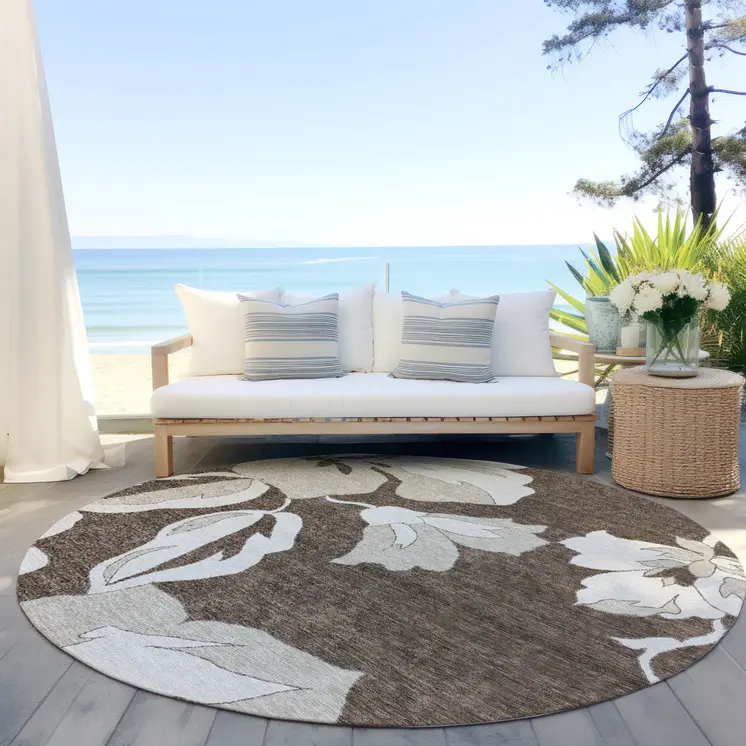 8' Brown Beige And Taupe Round Floral Washable Indoor Outdoor Area Rug
