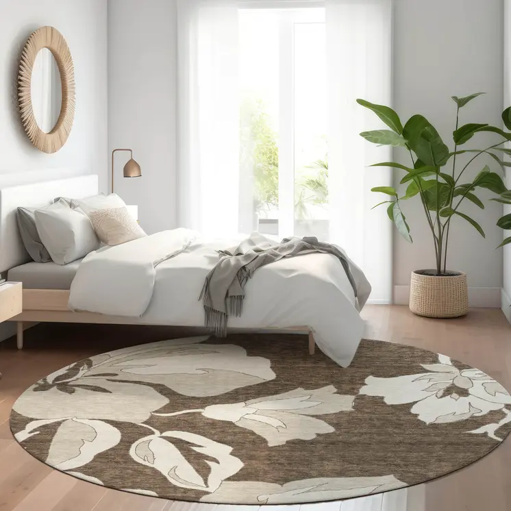 8' Brown Beige And Taupe Round Floral Washable Indoor Outdoor Area Rug