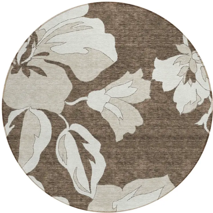 8' Brown Beige And Taupe Round Floral Washable Indoor Outdoor Area Rug