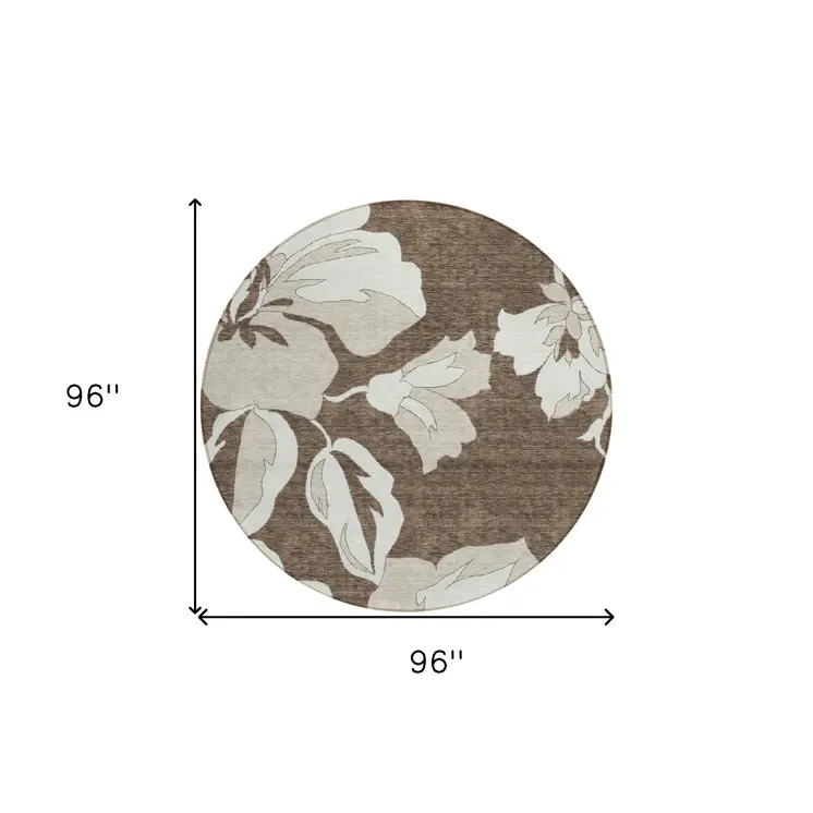 8' Brown Beige And Taupe Round Floral Washable Indoor Outdoor Area Rug