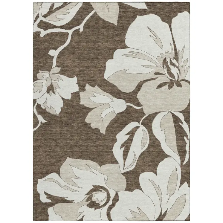 10' X 14' Brown Beige And Taupe Floral Washable Indoor Outdoor Area Rug