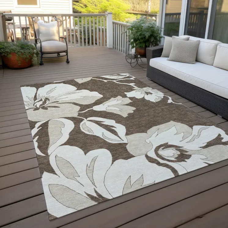 10' X 14' Brown Beige And Taupe Floral Washable Indoor Outdoor Area Rug