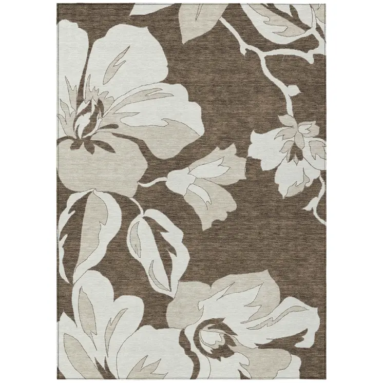 10' X 14' Brown Beige And Taupe Floral Washable Indoor Outdoor Area Rug