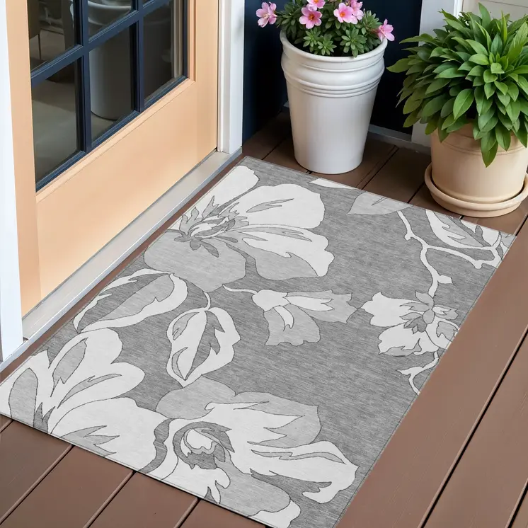 3' X 5' Gray And Silver Floral Washable Indoor Outdoor Area Rug