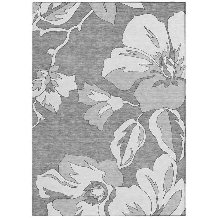 5' X 8' Gray And Silver Floral Washable Indoor Outdoor Area Rug