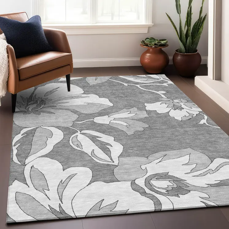 5' X 8' Gray And Silver Floral Washable Indoor Outdoor Area Rug