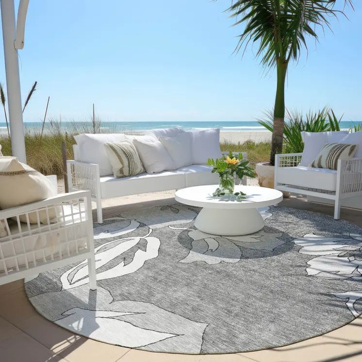 8' Gray And Silver Round Floral Washable Indoor Outdoor Area Rug