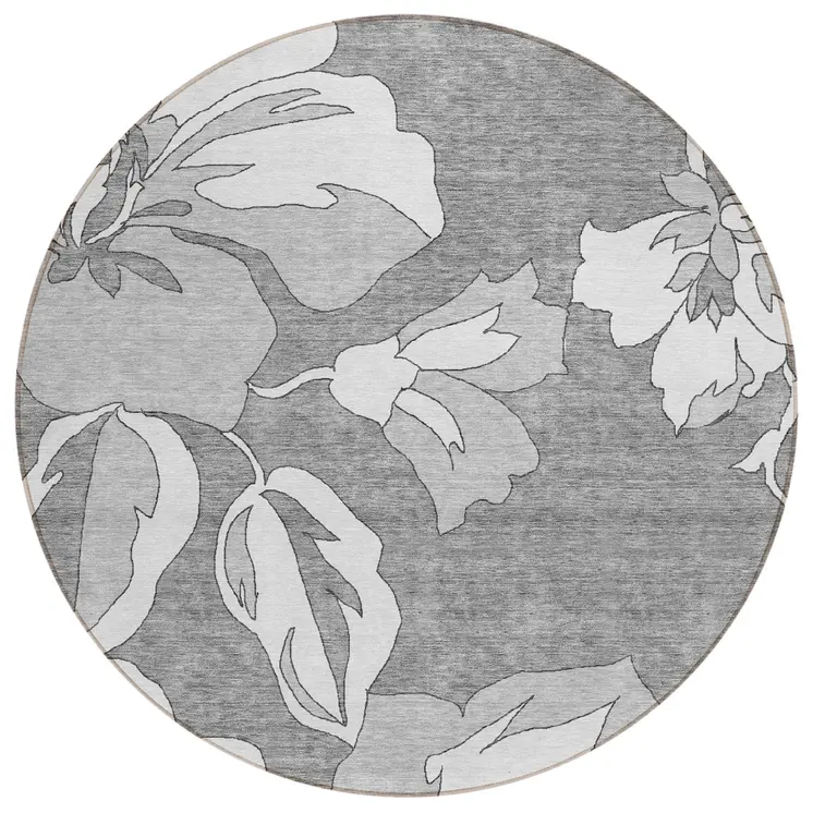 8' Gray And Silver Round Floral Washable Indoor Outdoor Area Rug
