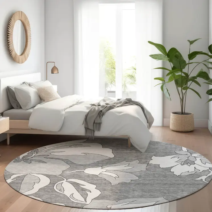 8' Gray And Silver Round Floral Washable Indoor Outdoor Area Rug