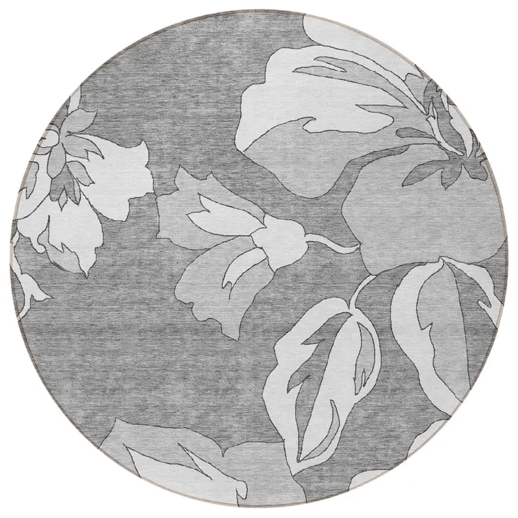 8' Gray And Silver Round Floral Washable Indoor Outdoor Area Rug