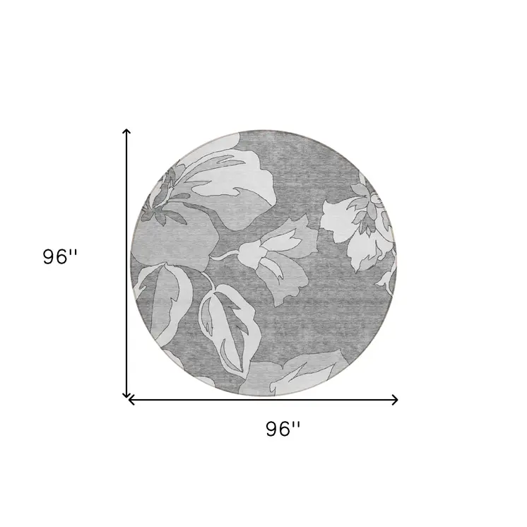 8' Gray And Silver Round Floral Washable Indoor Outdoor Area Rug