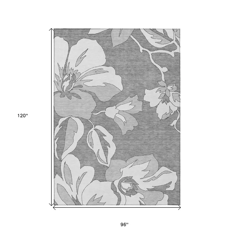8' X 10' Gray And Silver Floral Washable Indoor Outdoor Area Rug
