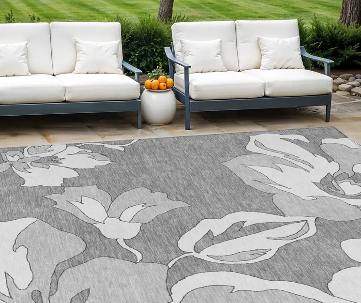 8' X 10' Gray And Silver Floral Washable Indoor Outdoor Area Rug