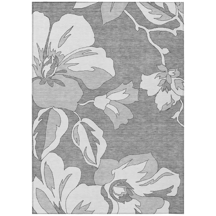 8' X 10' Gray And Silver Floral Washable Indoor Outdoor Area Rug