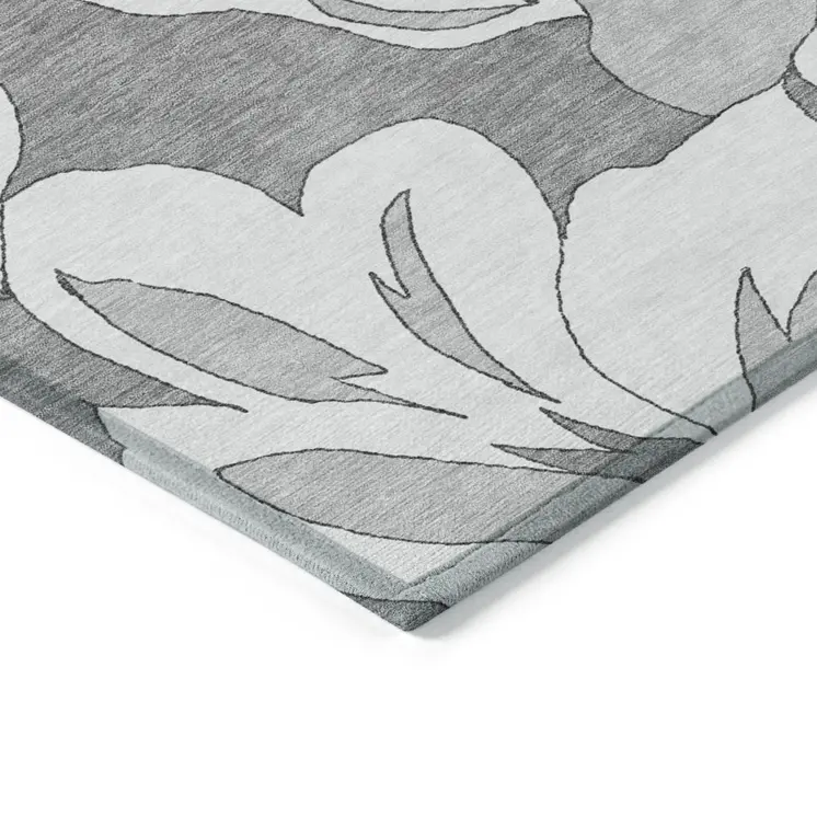 8' X 10' Gray And Silver Floral Washable Indoor Outdoor Area Rug
