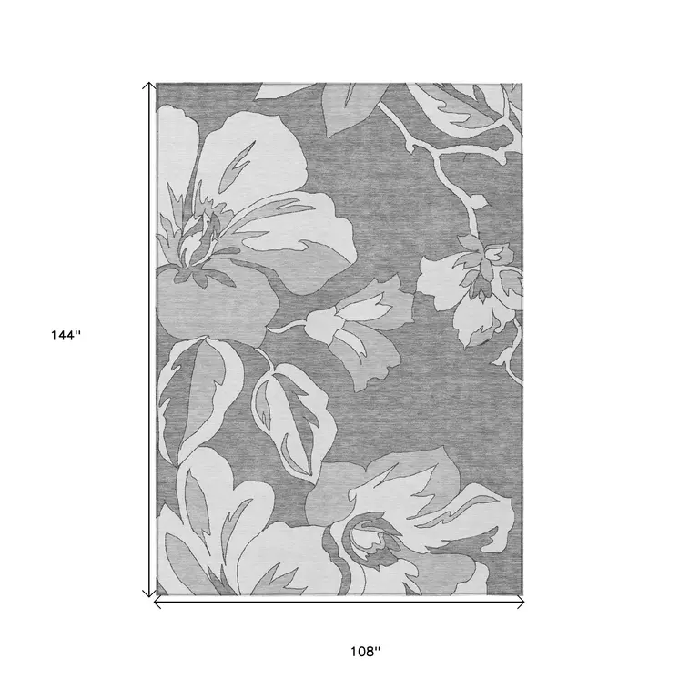 9' X 12' Gray And Silver Floral Washable Indoor Outdoor Area Rug
