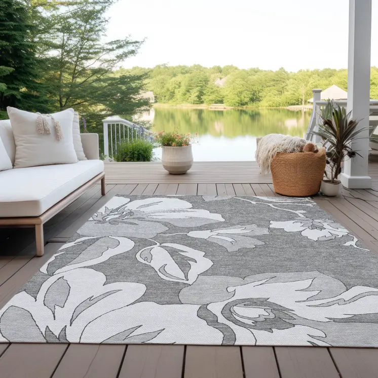 10' X 14' Gray And Silver Floral Washable Indoor Outdoor Area Rug