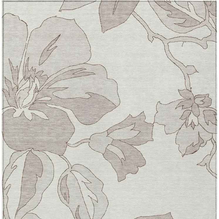 3' X 5' Ivory Beige And Taupe Floral Washable Indoor Outdoor Area Rug