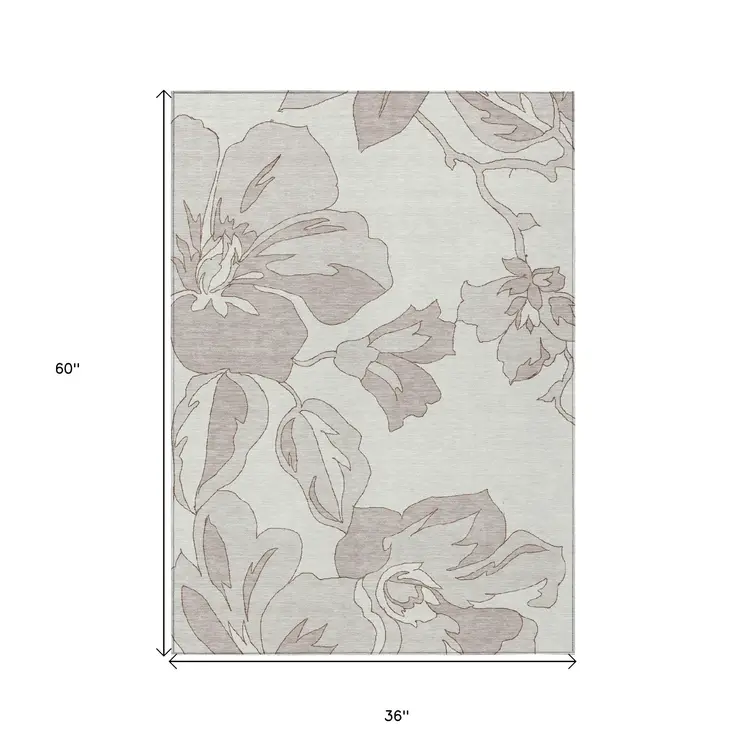 3' X 5' Ivory Beige And Taupe Floral Washable Indoor Outdoor Area Rug