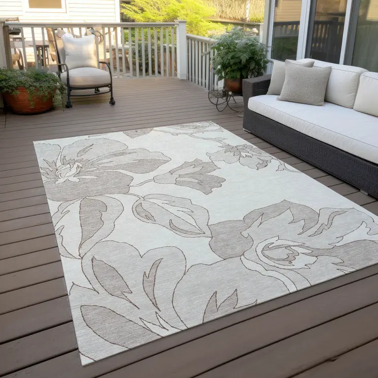 3' X 5' Ivory Beige And Taupe Floral Washable Indoor Outdoor Area Rug