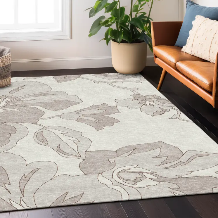 3' X 5' Ivory Beige And Taupe Floral Washable Indoor Outdoor Area Rug