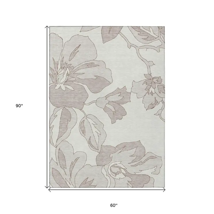 5' X 8' Ivory Beige And Taupe Floral Washable Indoor Outdoor Area Rug