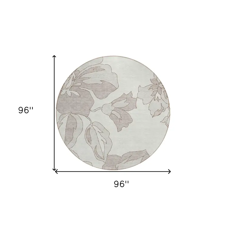 8' Ivory Beige And Taupe Round Floral Washable Indoor Outdoor Area Rug