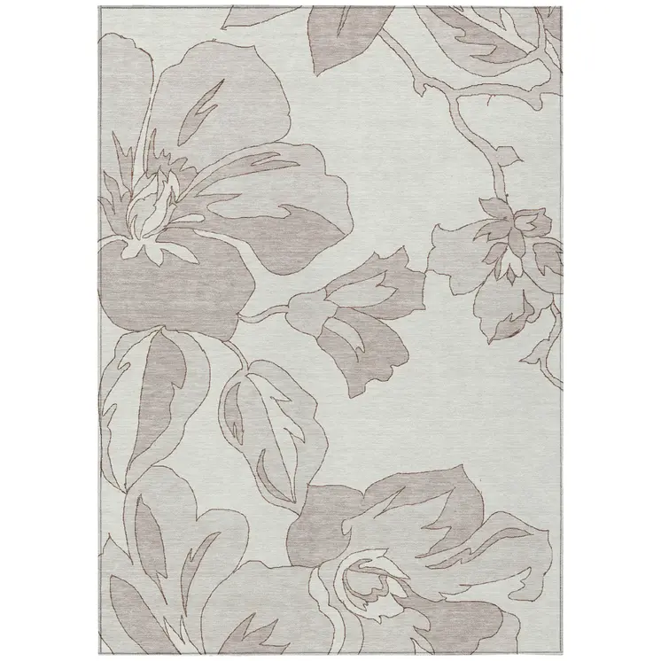 8' X 10' Ivory Beige And Taupe Floral Washable Indoor Outdoor Area Rug