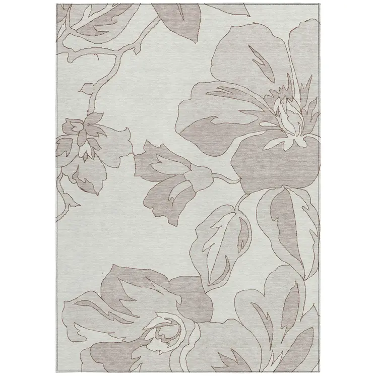 9' X 12' Ivory Beige And Taupe Floral Washable Indoor Outdoor Area Rug