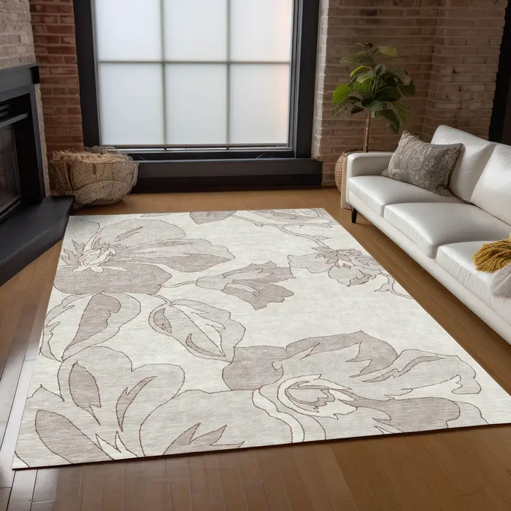 9' X 12' Ivory Beige And Taupe Floral Washable Indoor Outdoor Area Rug