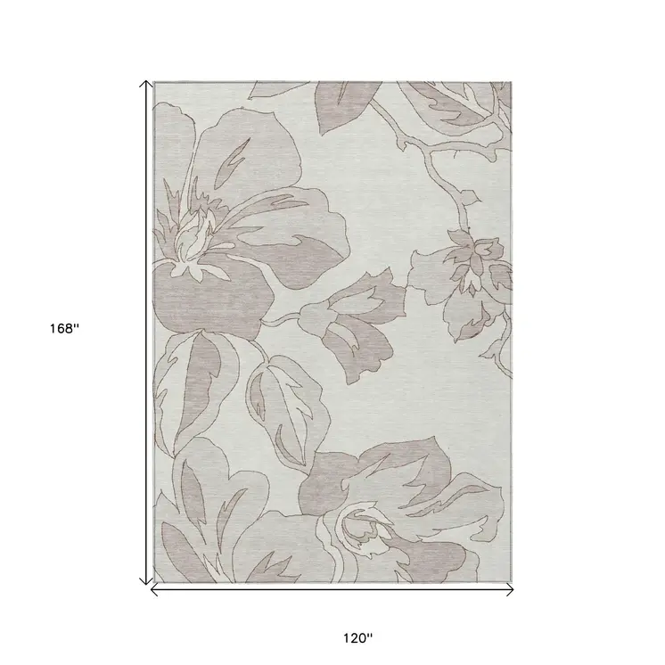 10' X 14' Ivory Beige And Taupe Floral Washable Indoor Outdoor Area Rug