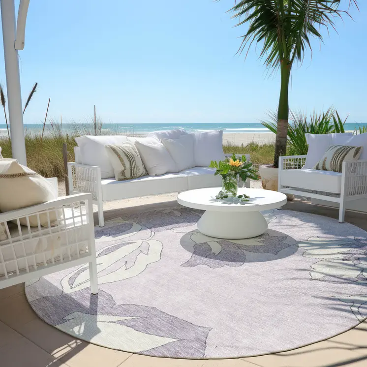 8' Lavender Lilac And Ivory Round Floral Washable Indoor Outdoor Area Rug