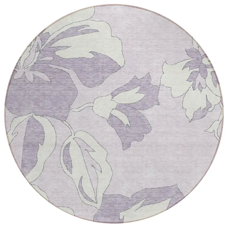8' Lavender Lilac And Ivory Round Floral Washable Indoor Outdoor Area Rug