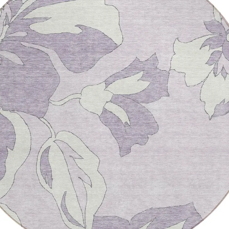 8' Lavender Lilac And Ivory Round Floral Washable Indoor Outdoor Area Rug