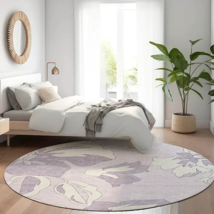 8' Lavender Lilac And Ivory Round Floral Washable Indoor Outdoor Area Rug