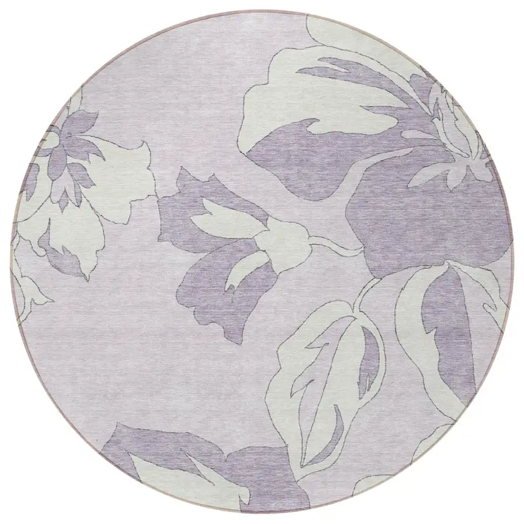 8' Lavender Lilac And Ivory Round Floral Washable Indoor Outdoor Area Rug