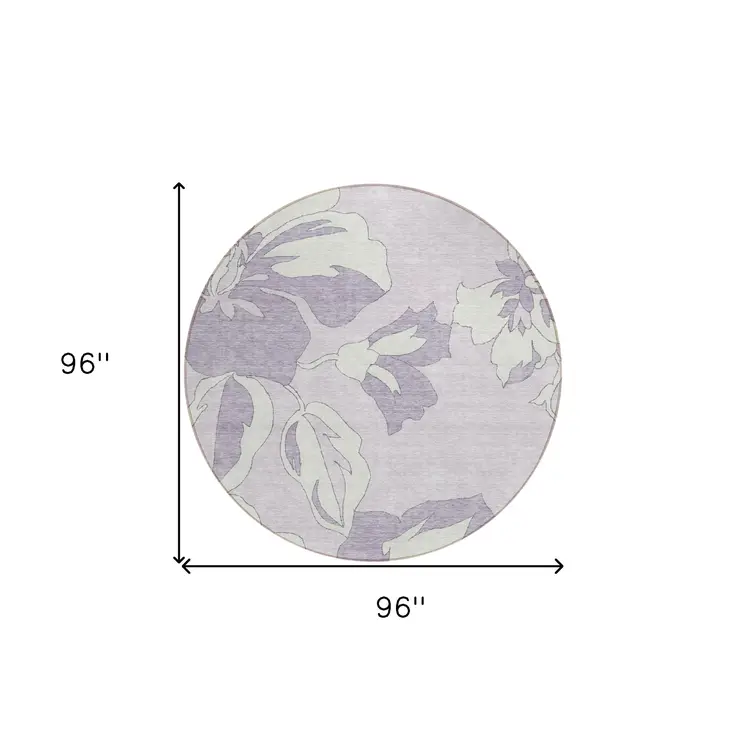 8' Lavender Lilac And Ivory Round Floral Washable Indoor Outdoor Area Rug