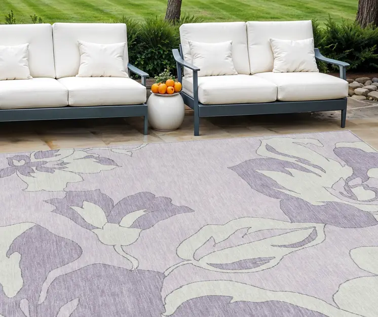 8' X 10' Lavender Lilac And Ivory Floral Washable Indoor Outdoor Area Rug