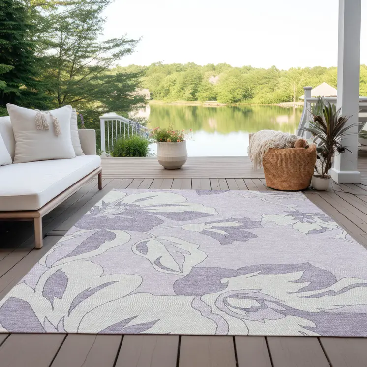 8' X 10' Lavender Lilac And Ivory Floral Washable Indoor Outdoor Area Rug