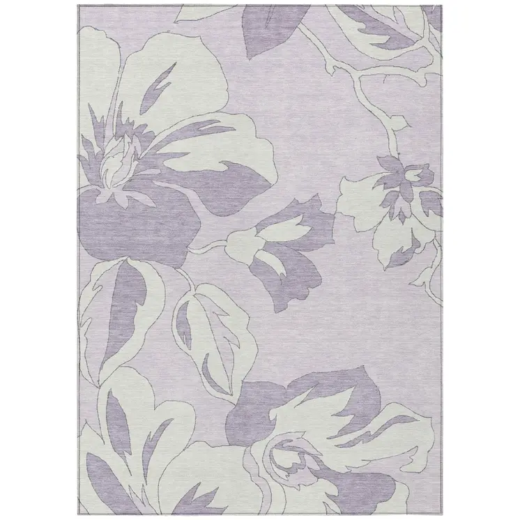 8' X 10' Lavender Lilac And Ivory Floral Washable Indoor Outdoor Area Rug