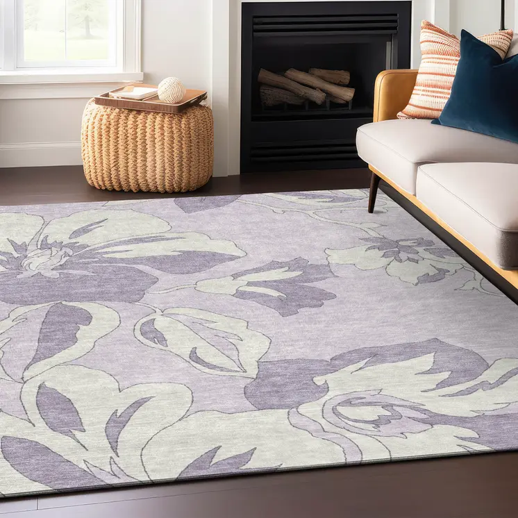 8' X 10' Lavender Lilac And Ivory Floral Washable Indoor Outdoor Area Rug