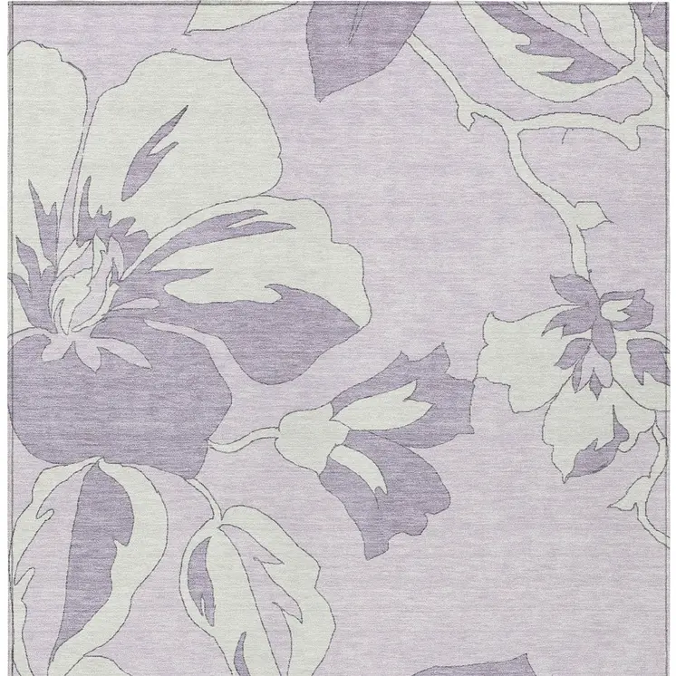 9' X 12' Lavender Lilac And Ivory Floral Washable Indoor Outdoor Area Rug