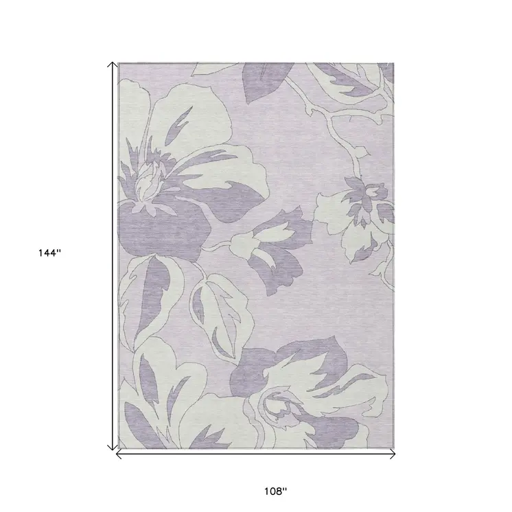 9' X 12' Lavender Lilac And Ivory Floral Washable Indoor Outdoor Area Rug