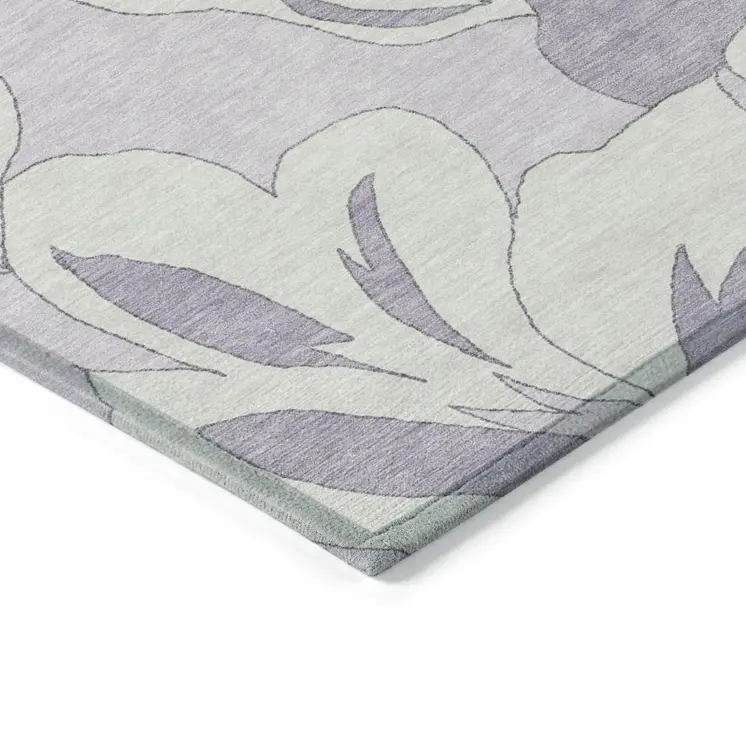 9' X 12' Lavender Lilac And Ivory Floral Washable Indoor Outdoor Area Rug